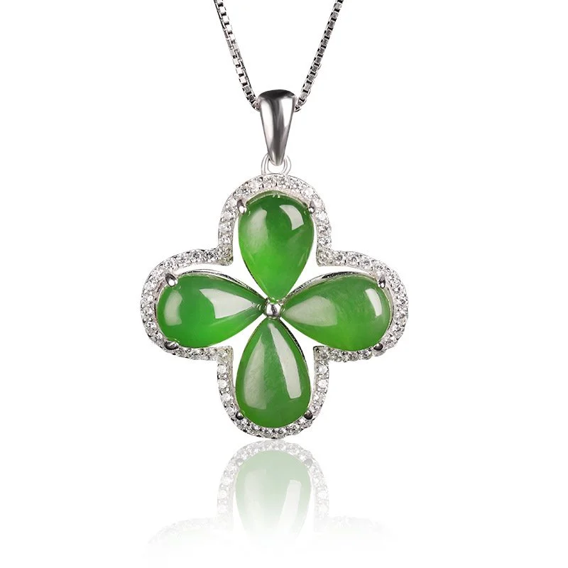 ★TATIANA★ [Silver 925] Jade Initial Pearl Long Necklace_NZ Hetian Jade Clover shape STERLING SILVER — Kay's Pearl